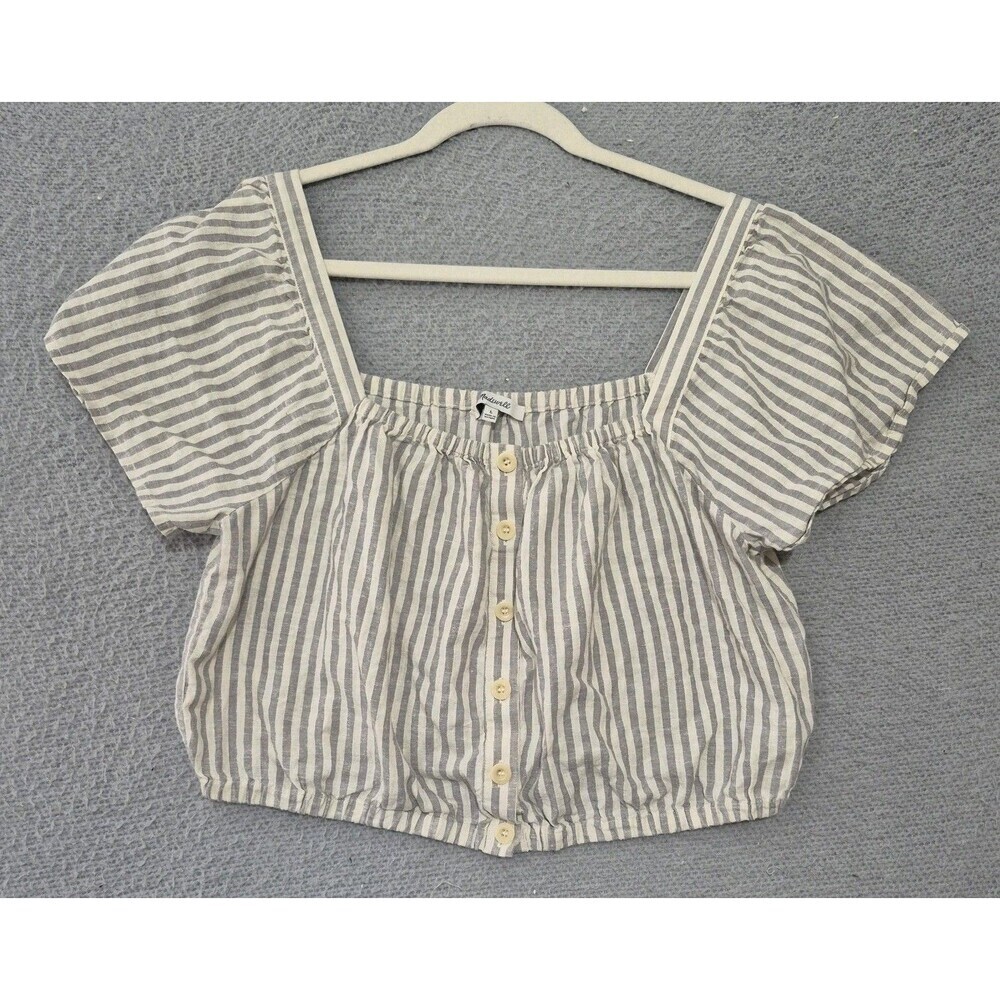 Madewell Women's Gray Stripe Flutter Sleeve Button Front Crop Top Large